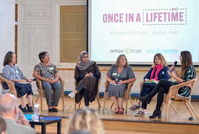Amos Trust's Karin Joseph (far right), moderating the Women’s panel at Amos’ first Climate Justice summit — Cambridge, September 2019