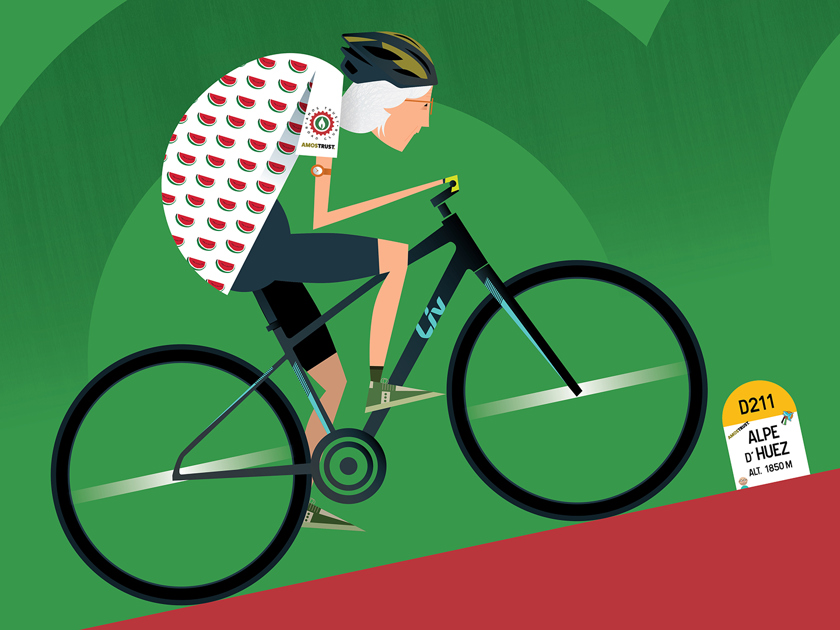 An illustration by James Arnold of Anne M Jones riding up a mountain