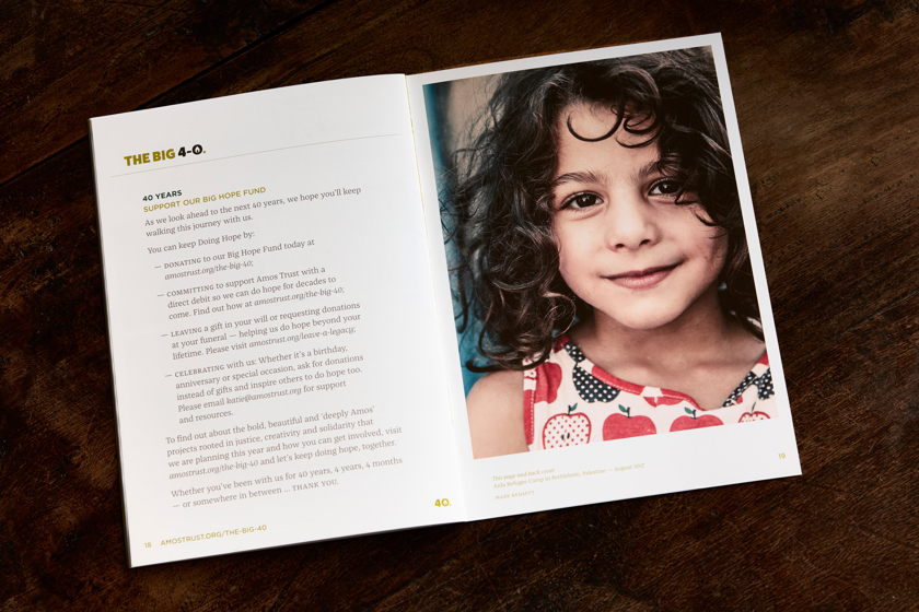 Amos Trust's 40th anniversary brochure spread